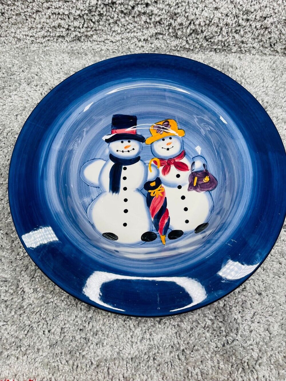 Tabletops Blue Hand Painted Snow Couple Pasta Rim Ceramic Plate 14.75" Limited